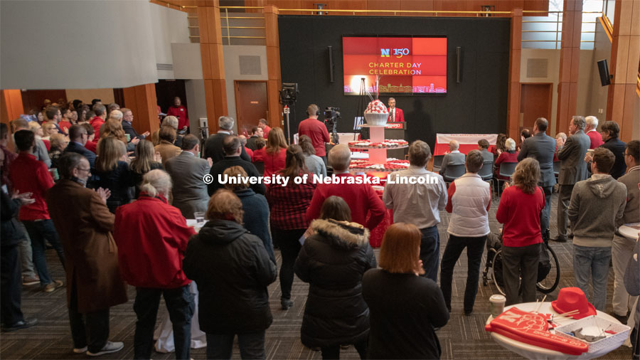 Everyone was invited to enjoy a cupcake and join in the festivities with their Husker friends at the Wick Alumni Center, Friday February 15th. The Nebraska Charter was available to view, along with other historical items. Copies of Dear Old Nebraska U could be purchased and signed. Charter Day at the Wick Alumni. February 15th, 2019. Photo by Gregory Nathan / University Communication.